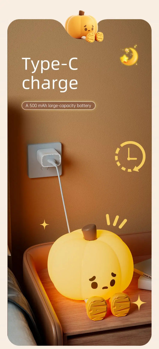 True Haven | Pumpkin-Shaped LED Night Light – Touch-Control Brightness Levels, Rechargeable & Portable
