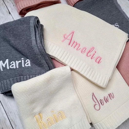 True Haven | CuddleKnit Personalized Baby Blanket – Custom Embroidered Name, Soft Breathable Cotton