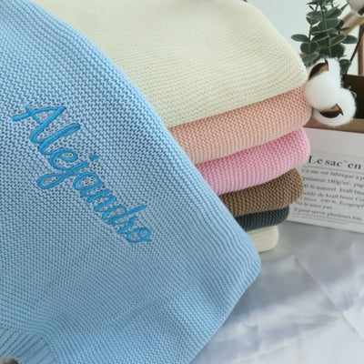 True Haven | CuddleKnit Personalized Baby Blanket – Custom Embroidered Name, Soft Breathable Cotton