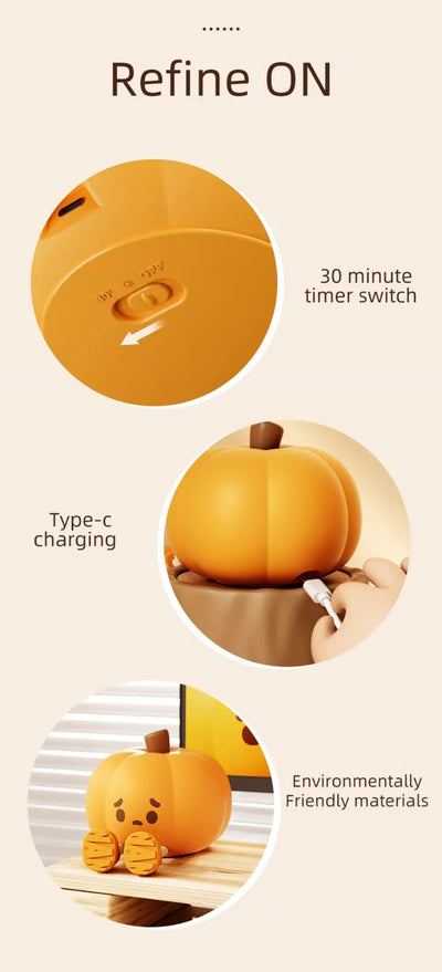 True Haven | Pumpkin-Shaped LED Night Light – Touch-Control Brightness Levels, Rechargeable & Portable