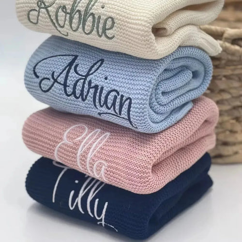 True Haven | CuddleKnit Personalized Baby Blanket – Custom Embroidered Name, Soft Breathable Cotton