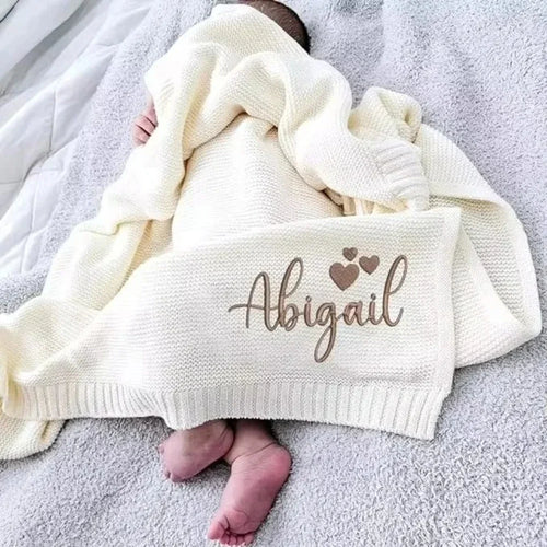 True Haven | CuddleKnit Personalized Baby Blanket – Custom Embroidered Name, Soft Breathable Cotton
