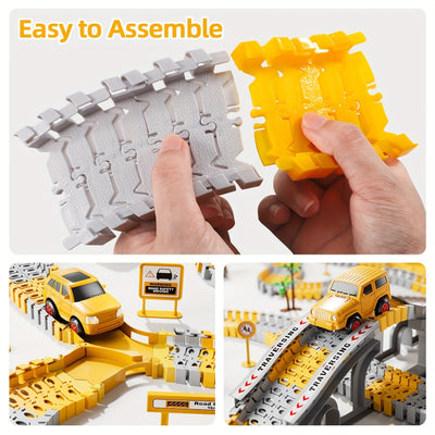 True Haven | 236-Piece Construction Track Set with Vehicles – Snap-Fit Easy Assembly, Encourages Creative Play