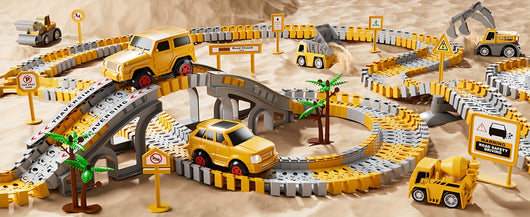 True Haven | 236-Piece Construction Track Set with Vehicles – Snap-Fit Easy Assembly, Encourages Creative Play