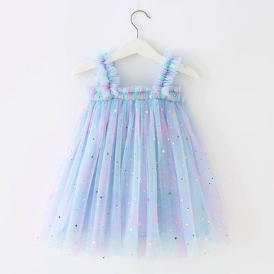 True Haven | Girls Rainbow Tulle Party Dress – Cotton-Lined for Comfort, Sparkly Star & Moon Detail