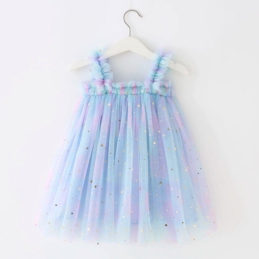 True Haven | Girls Rainbow Tulle Party Dress – Cotton-Lined for Comfort, Sparkly Star & Moon Detail