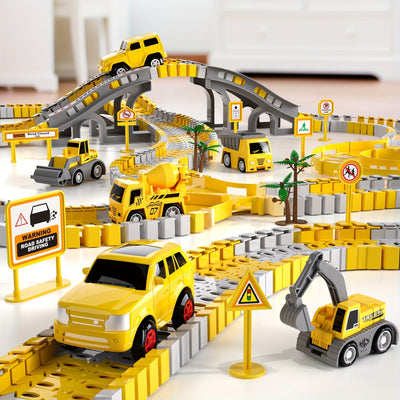 True Haven | 236-Piece Construction Track Set with Vehicles – Snap-Fit Easy Assembly, Encourages Creative Play