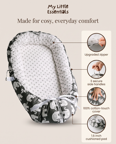 True Haven | Foldable Baby Lounger – Portable Newborn Nest with Cushioned Edges, 12 Designs