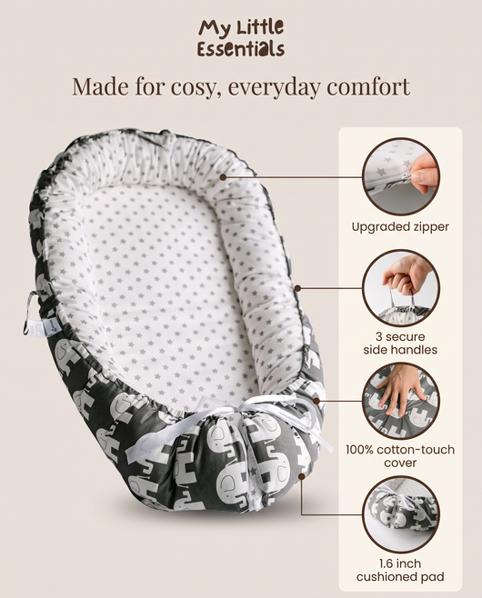 True Haven | Foldable Baby Lounger – Portable Newborn Nest with Cushioned Edges, 12 Designs