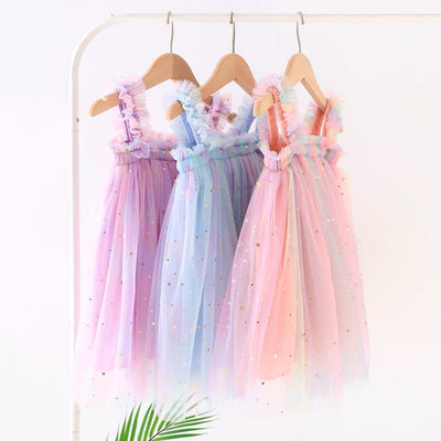 True Haven | Girls Rainbow Tulle Party Dress – Cotton-Lined for Comfort, Sparkly Star & Moon Detail