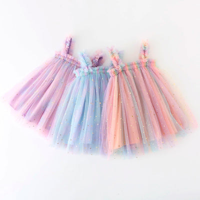 True Haven | Girls Rainbow Tulle Party Dress – Cotton-Lined for Comfort, Sparkly Star & Moon Detail