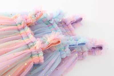True Haven | Girls Rainbow Tulle Party Dress – Cotton-Lined for Comfort, Sparkly Star & Moon Detail