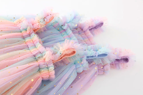 True Haven | Girls Rainbow Tulle Party Dress – Cotton-Lined for Comfort, Sparkly Star & Moon Detail