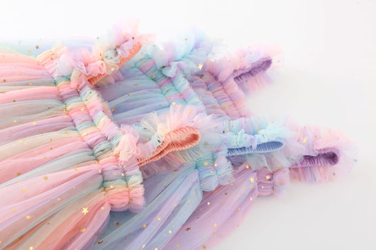 True Haven | Girls Rainbow Tulle Party Dress – Cotton-Lined for Comfort, Sparkly Star & Moon Detail