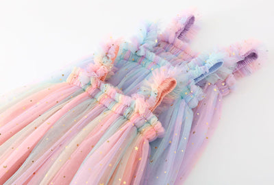 True Haven | Girls Rainbow Tulle Party Dress – Cotton-Lined for Comfort, Sparkly Star & Moon Detail