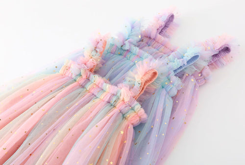True Haven | Girls Rainbow Tulle Party Dress – Cotton-Lined for Comfort, Sparkly Star & Moon Detail