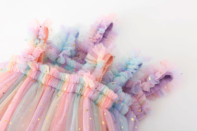 True Haven | Girls Rainbow Tulle Party Dress – Cotton-Lined for Comfort, Sparkly Star & Moon Detail