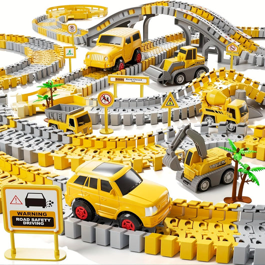 True Haven | 236-Piece Construction Track Set with Vehicles – Snap-Fit Easy Assembly, Encourages Creative Play