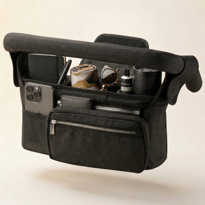 True Haven | Universal Stroller Organizer Caddy – Multi-Pocket Bottle & Phone Holder, Durable Oxford Fabric