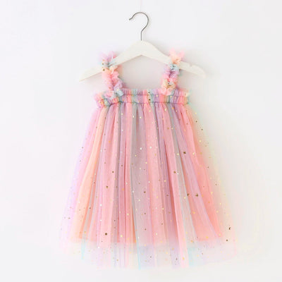 True Haven | Girls Rainbow Tulle Party Dress – Cotton-Lined for Comfort, Sparkly Star & Moon Detail
