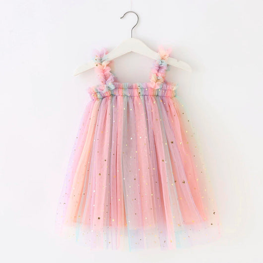 True Haven | Girls Rainbow Tulle Party Dress – Cotton-Lined for Comfort, Sparkly Star & Moon Detail