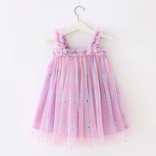 True Haven | Girls Rainbow Tulle Party Dress – Cotton-Lined for Comfort, Sparkly Star & Moon Detail